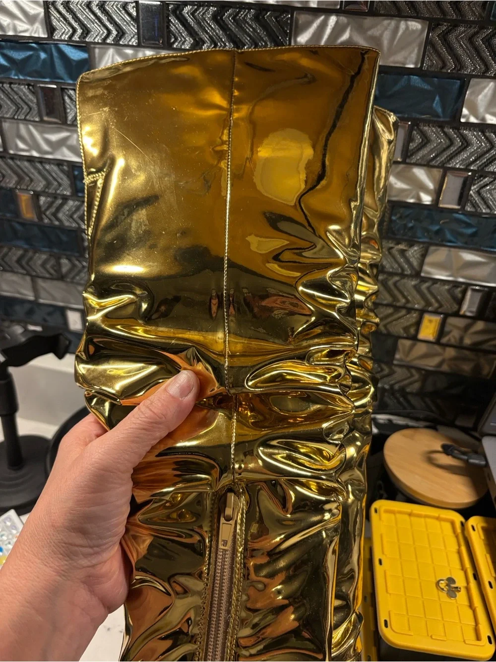 INC International Concepts Shiny Gold Over-the-Knee Ruched Stiletto Boots